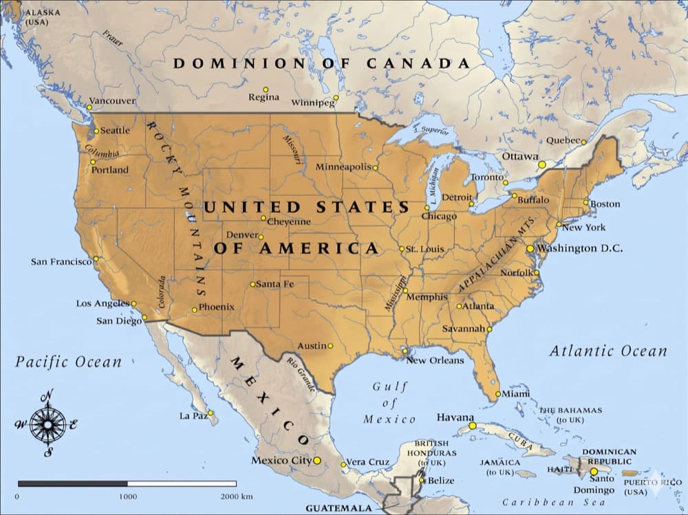 Map highlighting the United States in North America