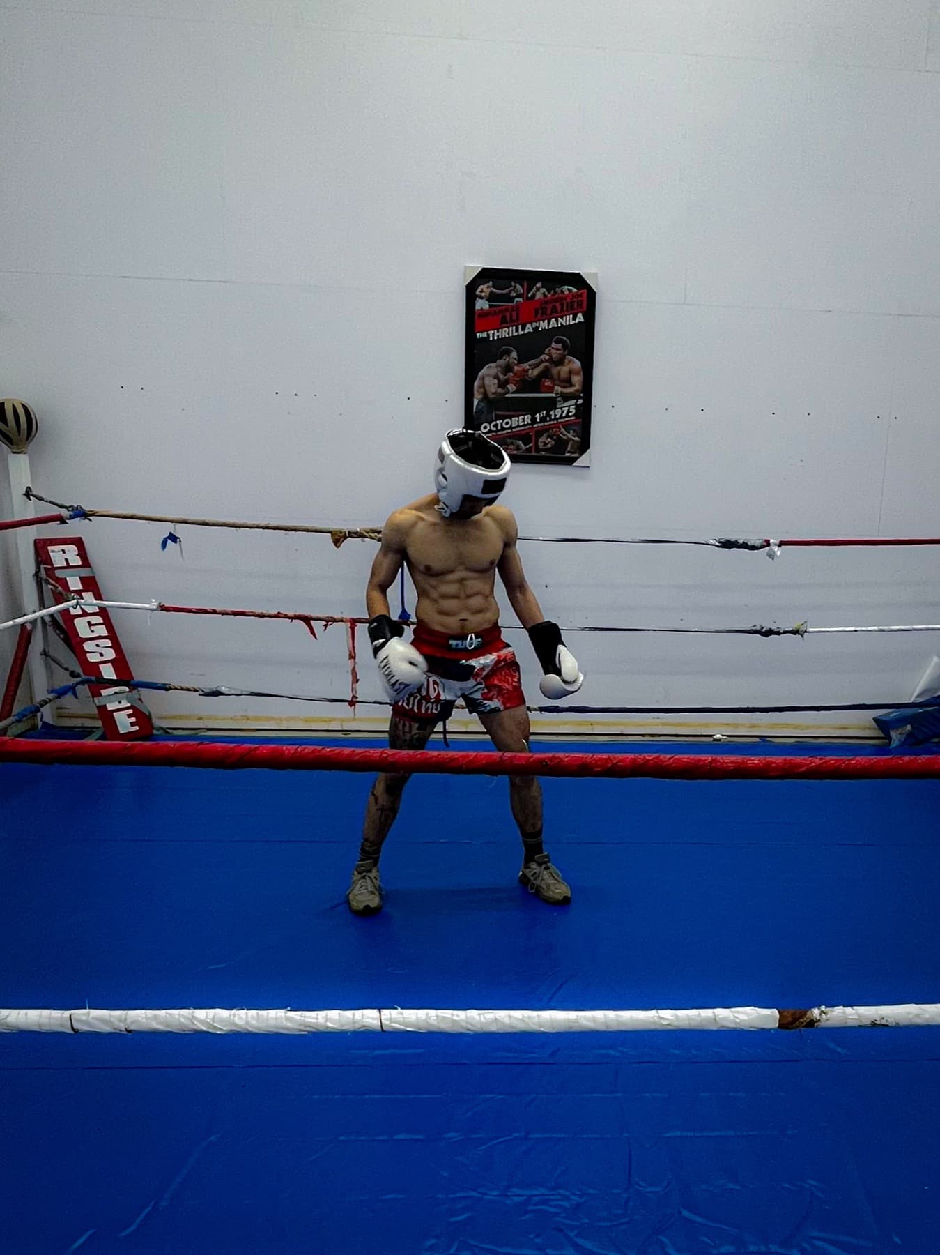 Joseles standing in a boxing ring wearing headgear and gloves